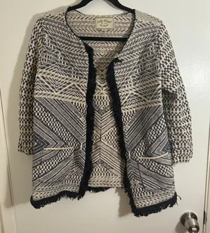 Lucky Brand Geometric Navy and Cream Cardigan Women's Medium VTG thumbnail 1