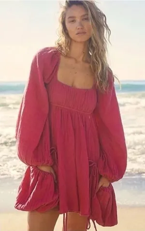 NWT Free People Clea Tie Back Mini‎ Dress Women's S Pink Boho Chic thumbnail 1
