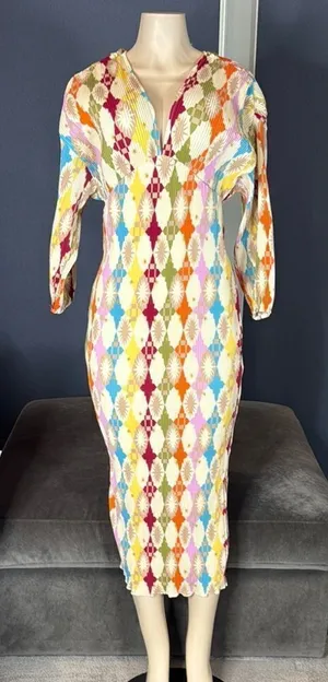Women’s Colorful Ruched V-Neck Geometric Patterned Maxi Dress Size S NEW thumbnail 1