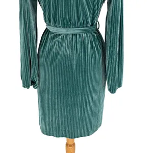 MEROKEETY Teal Ribbed Velvet Wrap Dress Long‎ Sleeve Tie Waist Size Large thumbnail 9