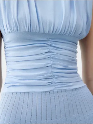 Zara ruched pleated knit Light Blue Midi Dress, stretchy thumbnail 8