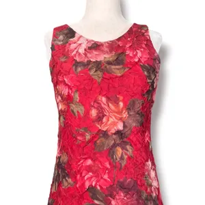 Vintage Red Floral Crinkle Maxi Dress Sleeveless Open Keyhole Back Romantic thumbnail 2