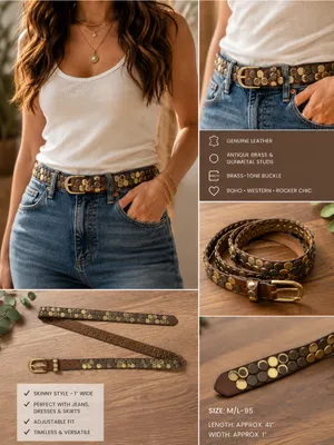 Amsterdam Heritage Chiara Skinny Studded Leather Belt Brown M/L 95 Boho thumbnail 2