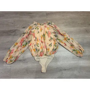 Entro Floral Chiffon Bodysuit Small Ruffle Neck Balloon Sleeve Cottagecore thumbnail 3