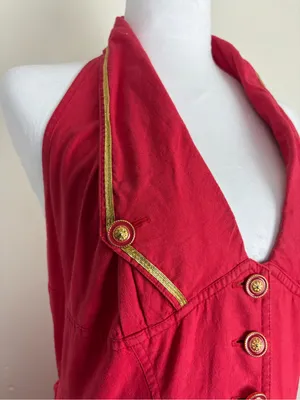 Vintage 90s Karen Alexander red w gold braid and buttons halter dress full skirt thumbnail 4