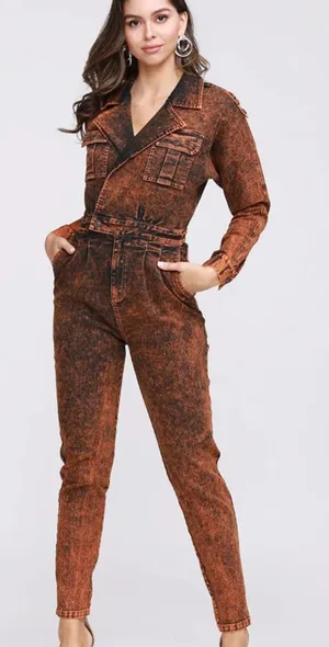 MEBON Black Orange Acid Wash Denim Jumpsuit Large thumbnail 1