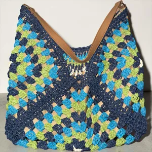 Boho Crochet Granny Square Shoulder Bag Blue Green Woven Hobo Tote Magnetic Snap thumbnail 2