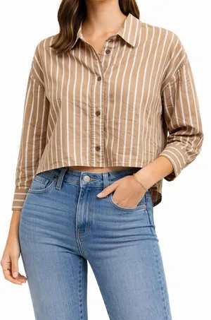 Everlane Striped Button Down Shirt Top‎ XXS Beige White Casual Cropped thumbnail 1
