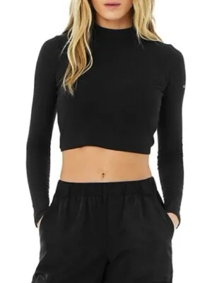 ALO Yoga Black mock neck Long-Sleeve Crop Top open back thumbnail 1