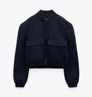 ZARA Casual Bomber Jacket Coat Navy Blue Cropped Blogger thumbnail 3