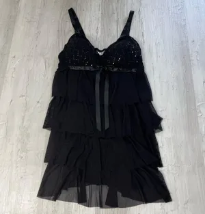 Enchanted Black Ruffle Sequin Baby Doll Lingerie Matching Thong Medium thumbnail 1