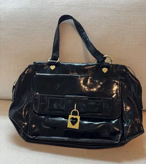 Vintage Y2K Betsey‎ Johnson Satchel Bag Black Patent Bow Heart Padlock Rocker thumbnail 1