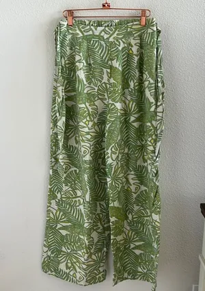 Midnight sky Modern Aloha Palm Linen Cotton Rayon Wide Leg Elastic Waist Pants S thumbnail 1