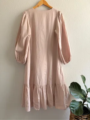 Aura Pale Pink Midi Belted Button Up Dress Lagenlook Ruffle Balloon Sleeve S thumbnail 2