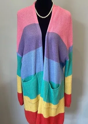 Main Strip Colorful Striped Women's open cardigan with pockets chunky look thumbnail 1