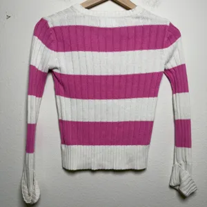 VTG Y2K Faded Glory Women Preppy Sweater XS Pink White Striped Cable Knit thumbnail 7