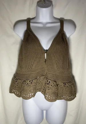 Universal Thread XL Brown Crochet Knit Peplum Tank Top Button Front Boho Cottage thumbnail 1