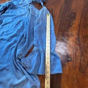 Cloth & Stone Blue Tencel Chambray Mini Dress Tie Back‎ Ruffle Bell Sleeve L thumbnail 6
