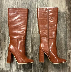 Nasty Gal Croc-Embossed Knee Boots - Chestnut Brown Size 6 thumbnail 1
