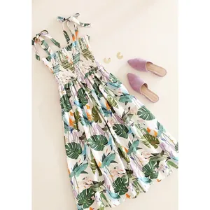 Anthropologie Corey Lynn Calter Olivia Tropical Bird linen smocked midi dress M thumbnail 12
