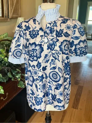 Blue Floral Button Front Top with Striped Trim Size M thumbnail 2