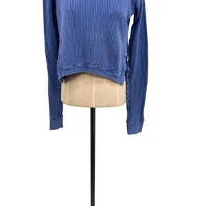 Free People FP One Cropped Interlaken Top Waffle Knit Long‎ Sleeve Blue Medium thumbnail 5