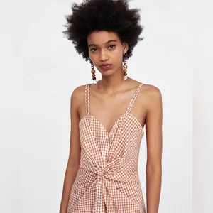 Zara Gingham Knot Midi Dress, Soft Orange and White Size Medium thumbnail 2