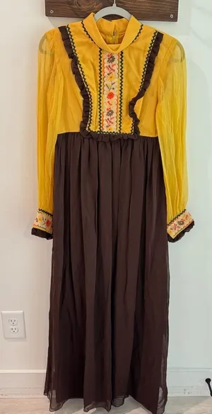 Vintage‎ Late 1960s Early 1970s Embroidered Bohemian Prairie Dress Brown Mustard thumbnail 1