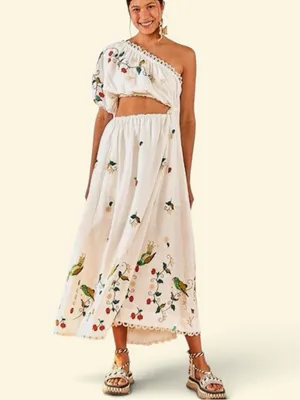FARM RIO Pitanga Embroidery One Shoulder Cut Out Maxi Dress Size S- $325 MSRP thumbnail 2