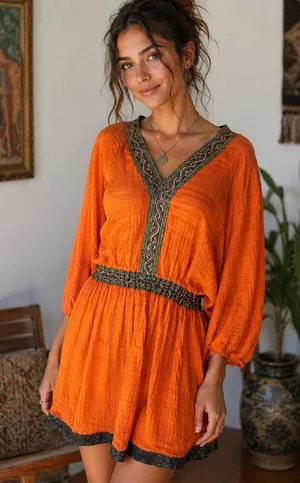 Boho Peasant Tunic Dress Burnt Orange Embroidered Gauze V-Neck Small/Medium thumbnail 1