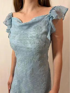 Light Blue Rose Floral Velvet Ruffle Japanese Vintage Formal Coquette Dress thumbnail 2