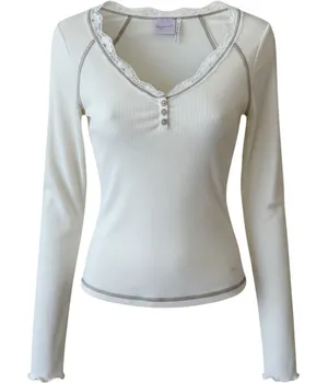 Out From Under Top Size S Ivory Lace Trim Henley Contrast Stitch Y2K Couquette thumbnail 1
