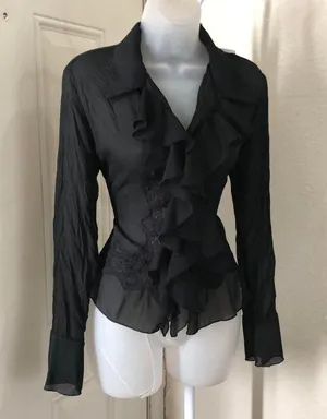 Whimsygoth gothic grunge steampunk Black lace & ruffle button shirt blouse top long flare sleeves office siren core dark academia Y2K thumbnail 3