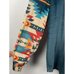Rowdy Crowd Blue Western Aztec Soft Ribbed Velvet Long Sleeve Button‎ Up Shirt L thumbnail 2
