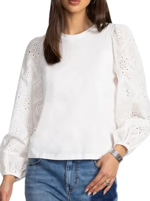 Johnny Was Jade Women’s Size S White Eyelet Puff Long Sleeve Nora Blouse Top thumbnail 1