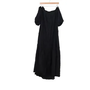 H&M Black Off Shoulder Maxi Dress XL Boho Puff Sleeve Tiered Tassel Tie Neck thumbnail 5
