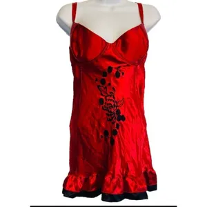 Fredericks of Hollywood Chemise Women 38 Red Satin Floral‎ Embroidered Slip thumbnail 2