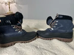 J. Crew Navy and Black Winter Rain Boots with Brown Outsole thumbnail 3