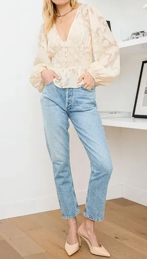 NWT Lulus Patio Date Ivory Floral Jacquard Button-Up Long Sleeve Top Size M thumbnail 4