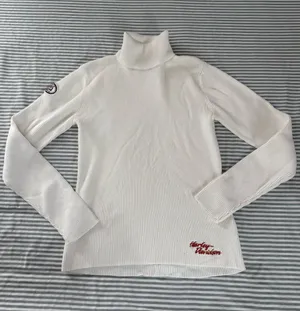 Cream color Ribbed Turtleneck Harley Davidson Sweater with Red Script Accent thumbnail 1