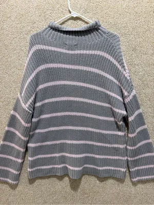 Cozy Striped knit sweater Caslon pink grey large cotton blend soft girl FLAWS thumbnail 2