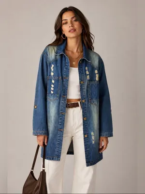 Woman Distressed Denim Jacket Shirt Dress Medium Medium Wash Long Sleeve thumbnail 3