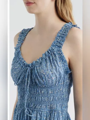NEW DÔEN Ditsy Floral Organic Cotton Smocked Midi Blue Garden Bloom Dress sz XS thumbnail 4