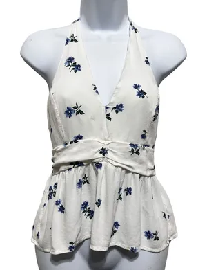 American Eagle Women Cottage Boho Halter Top‎ M White Floral Peplum Coquette Y2K thumbnail 1