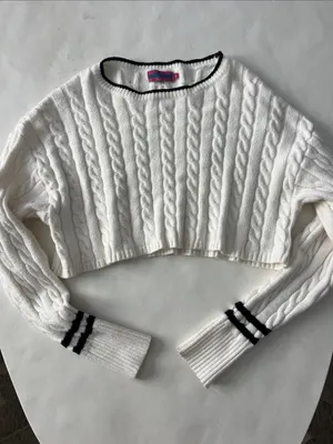 EDIKTED Cropped Cable Knit Ivory Stripe Contrast Sweater Preppy Academia Small thumbnail 2