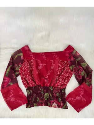 Passport Floral Smocked Elastic Waist Peasant Top Blouse Size L Burgundy thumbnail 12