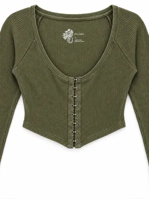 Anthropologie Pilcro Cropped Cardigan Womens XS Moss Green NWT Hook Front Ribbed thumbnail 4