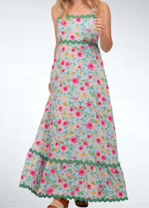 Size S Easel Los Angeles Blue Floral Contrast Wavy Trim Maxi Dress thumbnail 1