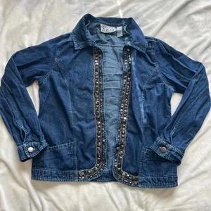 Vintage Y2K boho blue denim lightweight jacket with beaded & chain details large thumbnail 1