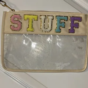 Source Unknown BEIGE COLORED CLEAR CHENILLE LETTER “STUFF”  BAG SUPER CUTE VERY VERSATILE FUN thumbnail 3